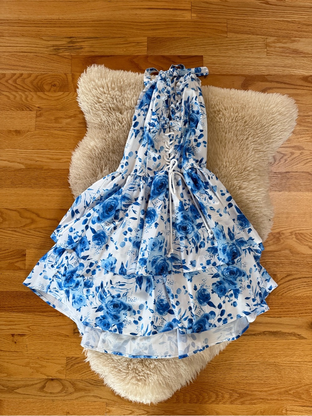 Blue Floral Ruffle Mini Dress with Tie-Back
